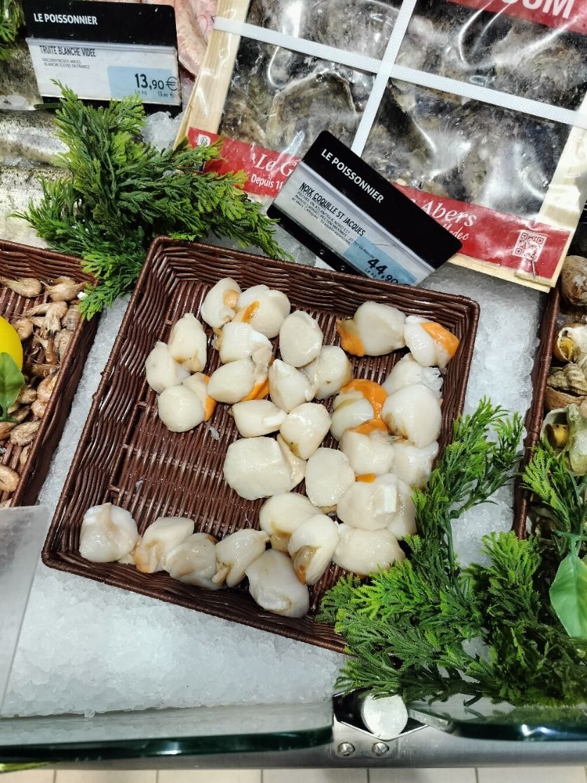 Noix de Saint Jacques coraillées en vente dans un marché photo gratuite