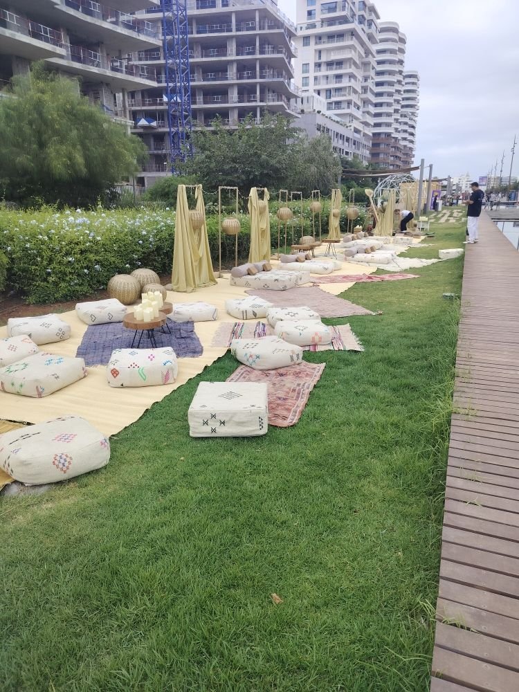 Aménagement extérieur, avec des coussins au sol, de petites tables basses et des décorations, le tout installé sur une pelouse au bord de l'eau, avec des bâtiments en arrière-plan, photo gratuite