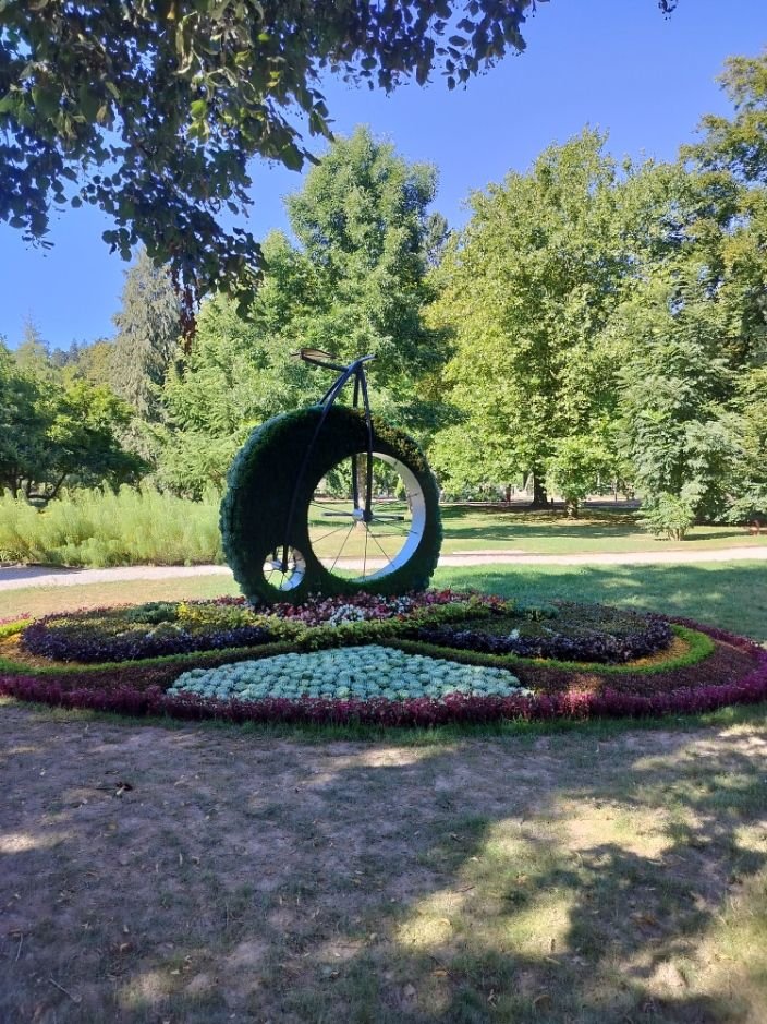 Une sculpture végétale en forme de grand-bi (vélo ancien), située au centre d'un parterre de fleurs circulaire dans un jardin, photo gratuite