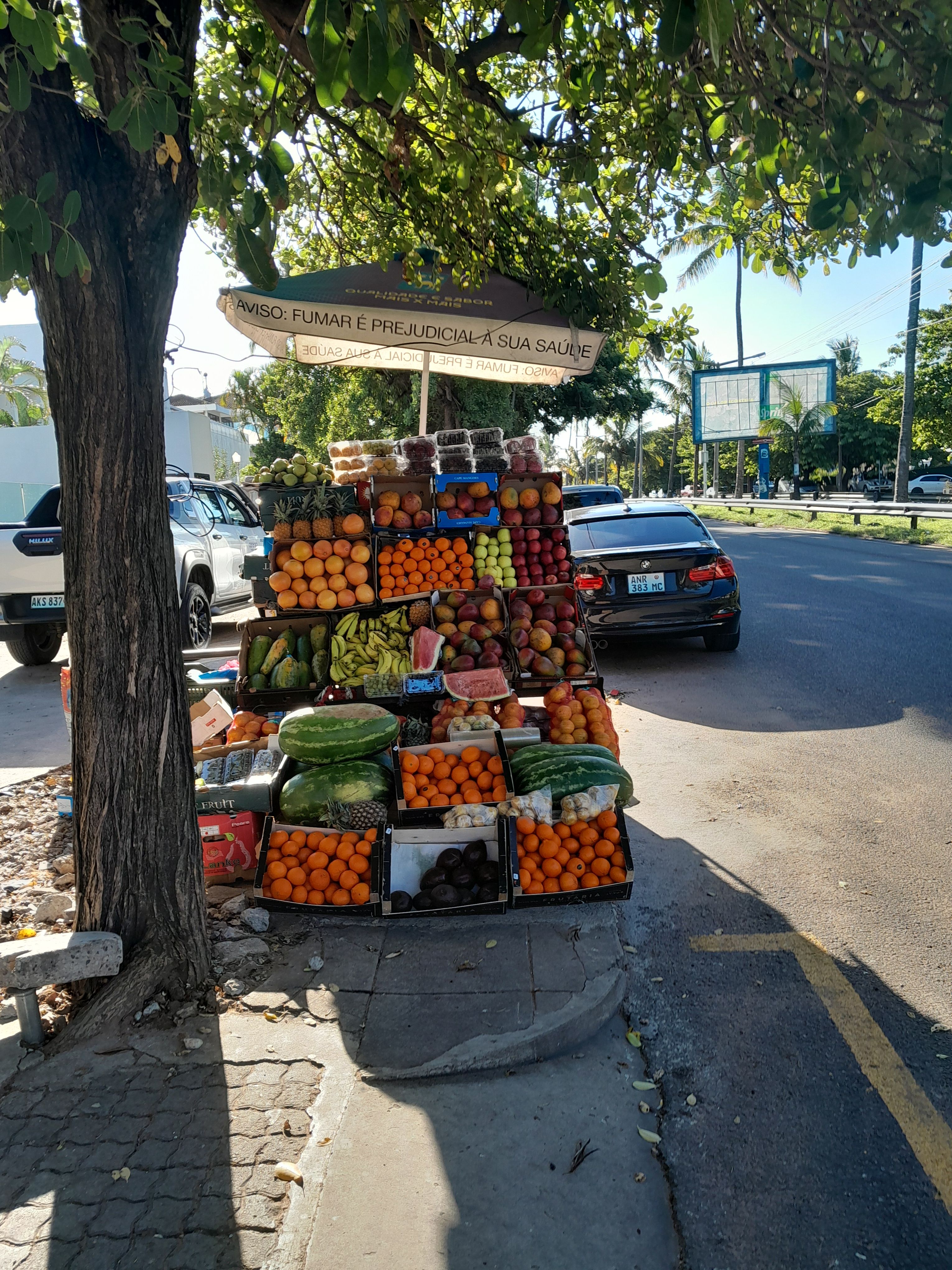 Etal ambulant de fruits frais sous un parasol photo gratuite