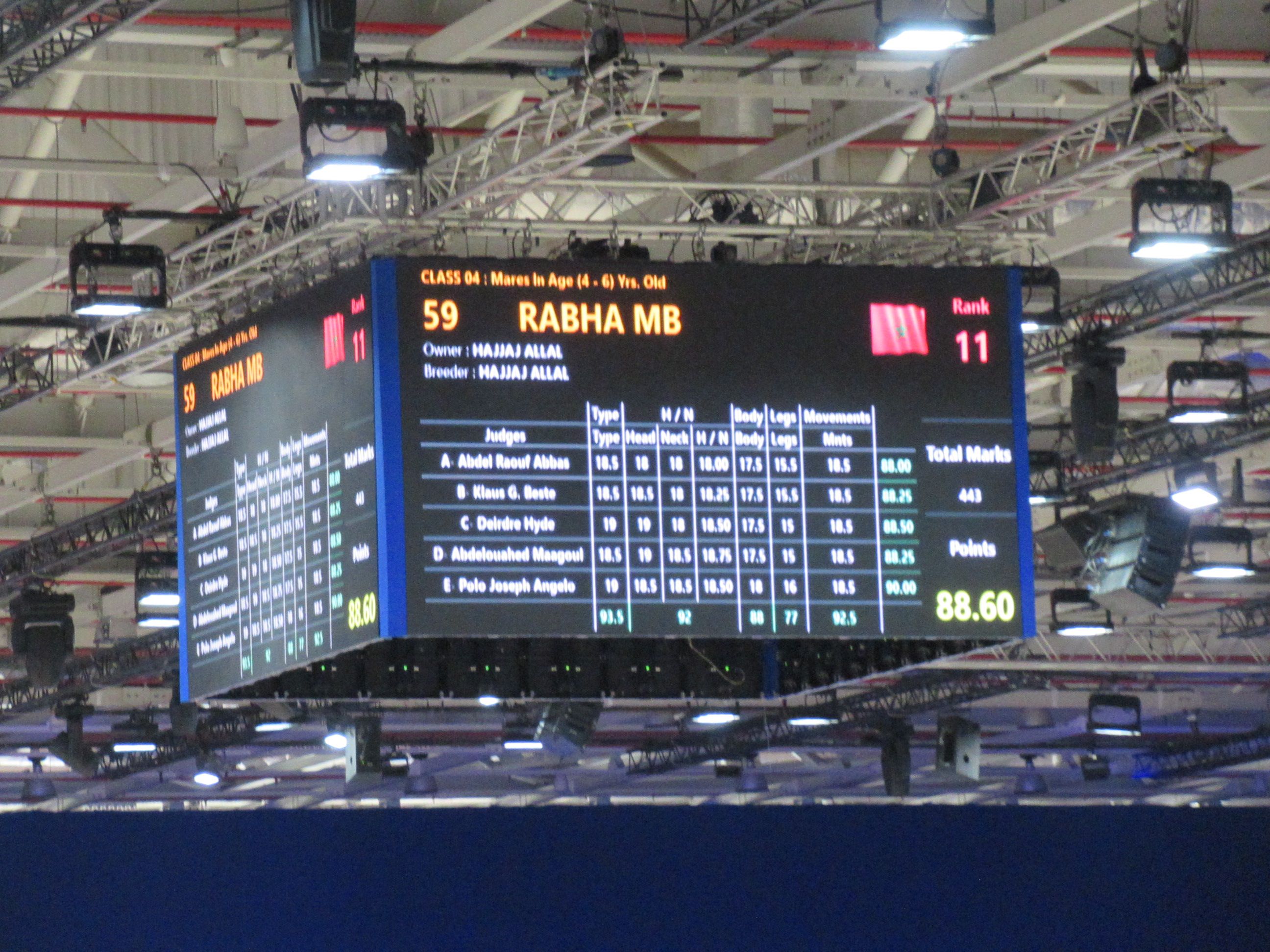 Panneau d'affichage de scores dans un salon du cheval