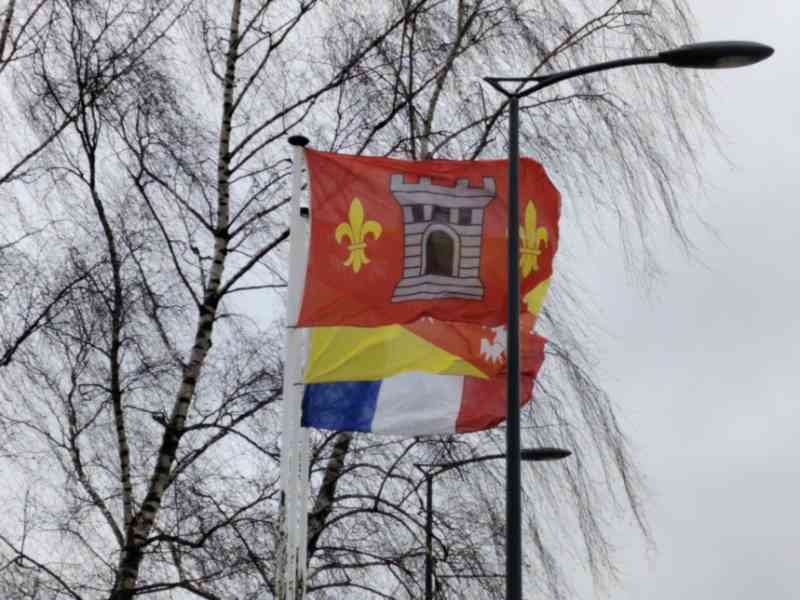 Assemblage des drapeaux de la ville d'Epinal, Lorraine, et francais sous les arbres photo gratuite