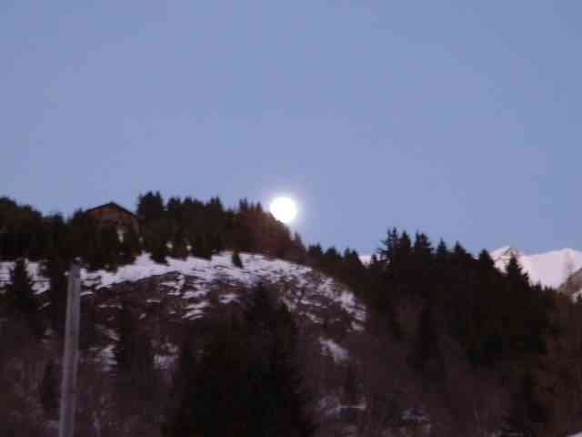 Lune montante sur une colline boisée, parsemée de neige photo gratuite