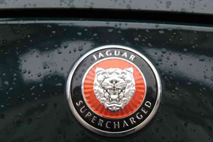 Emblème voiture Jaguar Supercharged sous la pluie photo gratuite