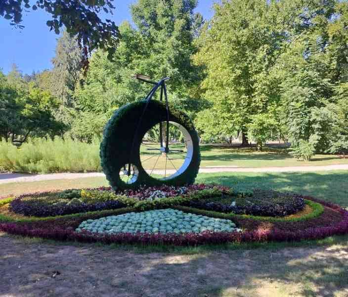 Une sculpture végétale en forme de grand-bi (vélo ancien), située au centre d'un parterre de fleurs circulaire dans un jardin, photo gratuite