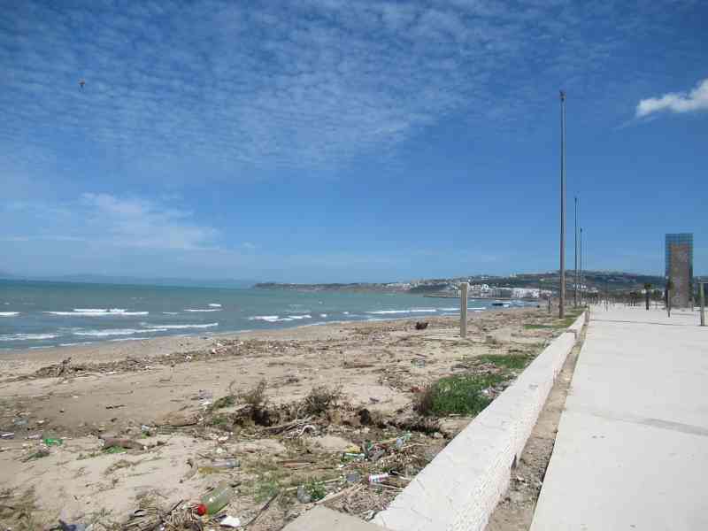 Vue sur le bord d'une plage couvert de déchets