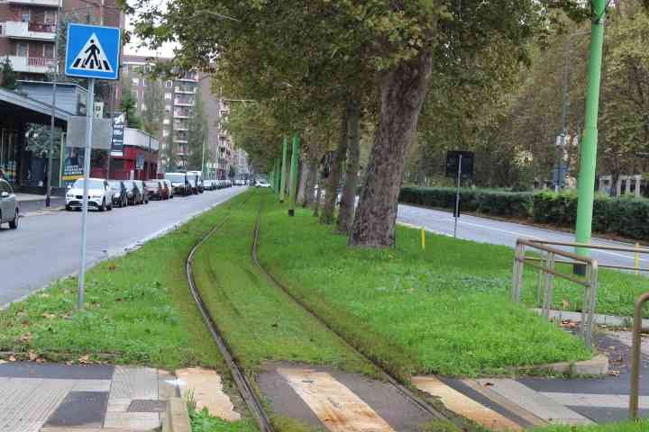 Ligne de tramway passant sous les arbres entre deux goudrons dans la ville de Milan Lombardie en Italie photo gratuite
