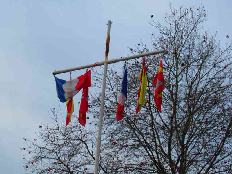 Drapeaux français lorrain et d'Épinal flottant sur un mât devant un arbre
