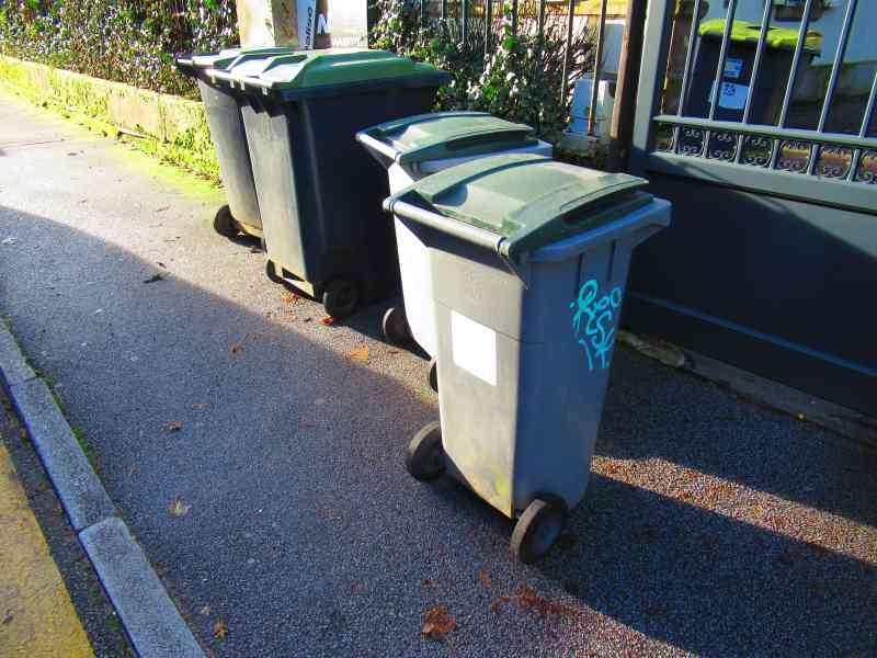 Poubelles alignées sur un trottoir photo gratuite