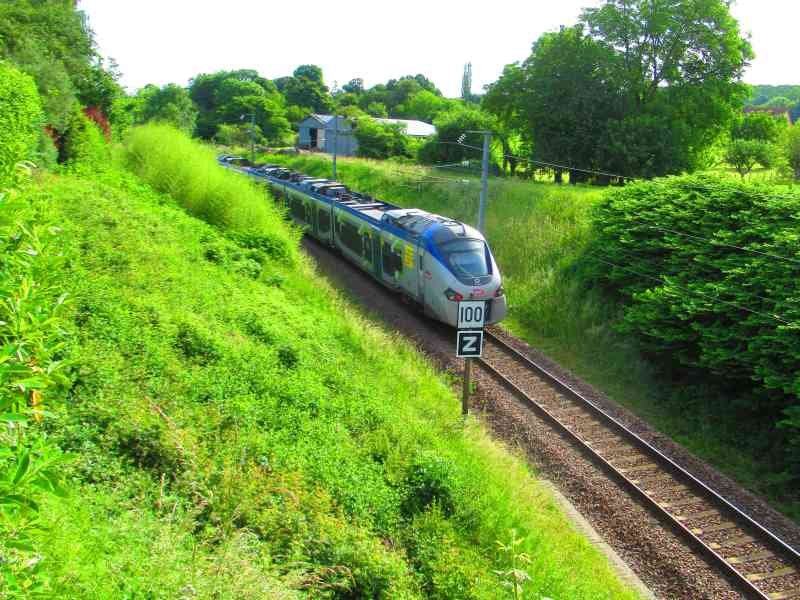 Un train TER (Transport Express Régional) et un panneau de signalisation ferroviaire, photo gratuite